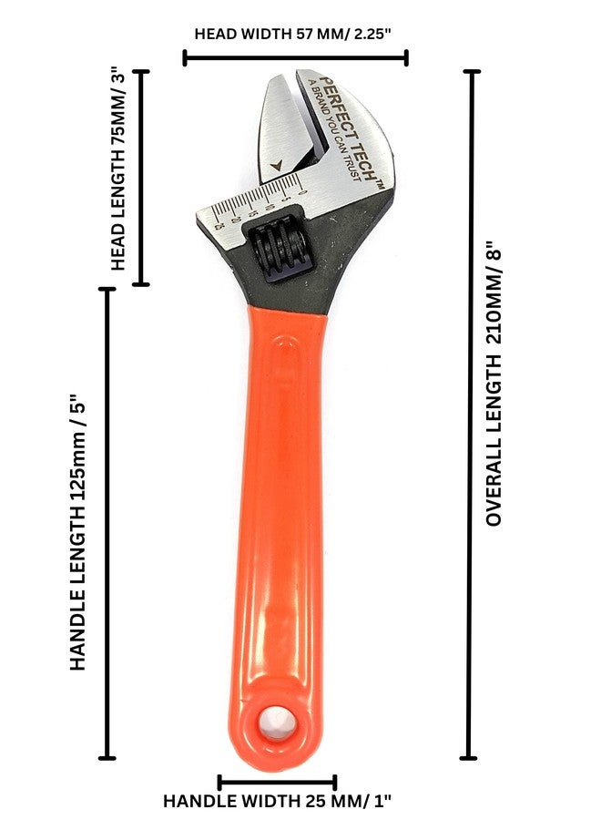 PERFECT TECH Adjustable Wrench 8 Inch/ 205mm Spanner | Extra Wide 25mm) Hardened Jaws Strength & Durability Rubber Grip Handle Strong Grip & Extra Comfort | Steel Single Sided - Image 5